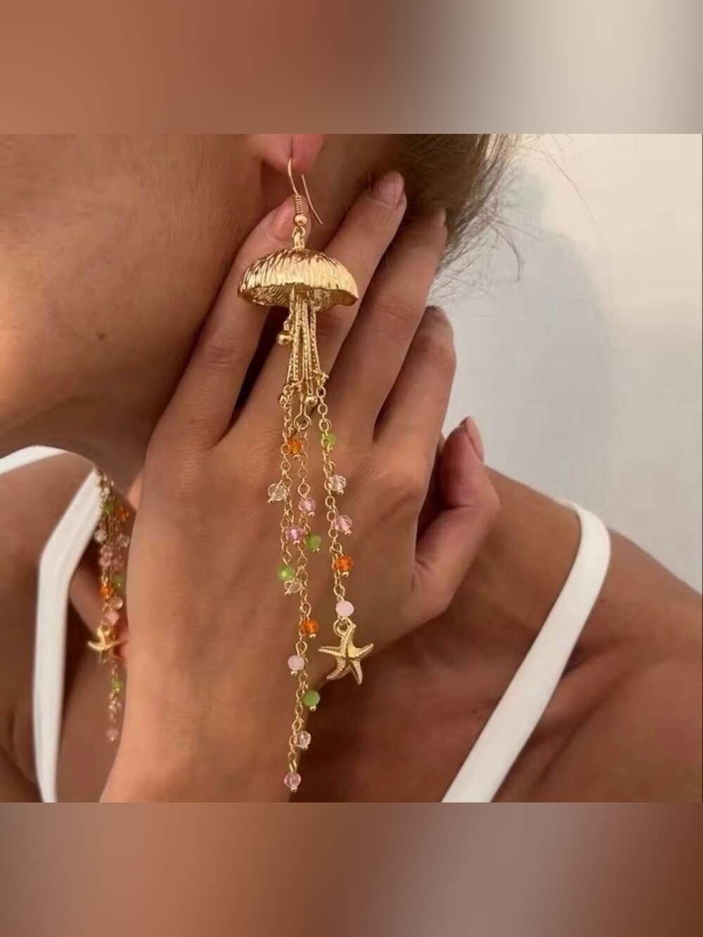 Zara Jellyfish Dangle Earrings Gold Tone Beaded Starfish Coastal Statement NWOT